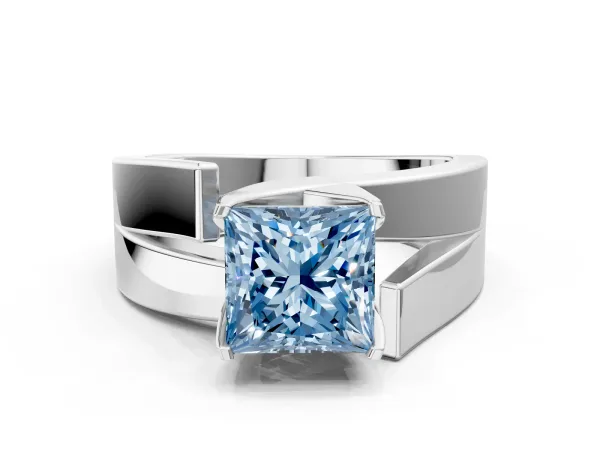 Fancy Blue Modern Tension Set Princess Cut Diamond Solitaire Wide Band Ring Platinum