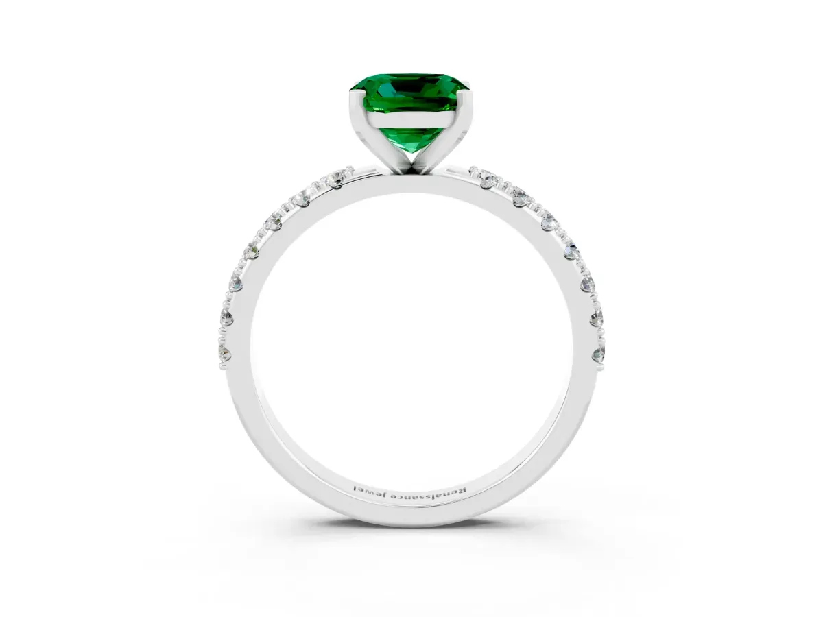 Cushion Cut Emerald Solitaire Pavé Band with Four-Prong Setting White gold