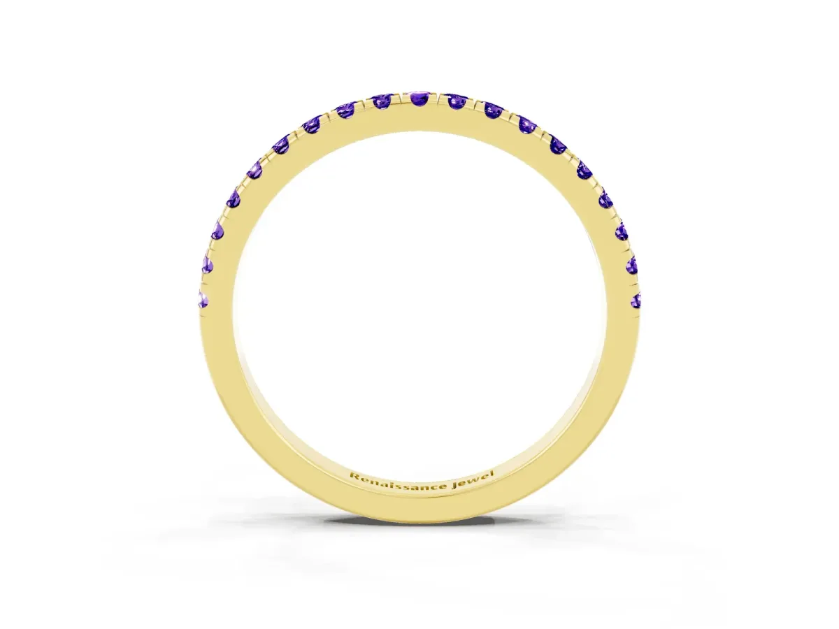 Pavé Round Tanzanite Half Eternity Band with Shared Prong Setting Yellow gold