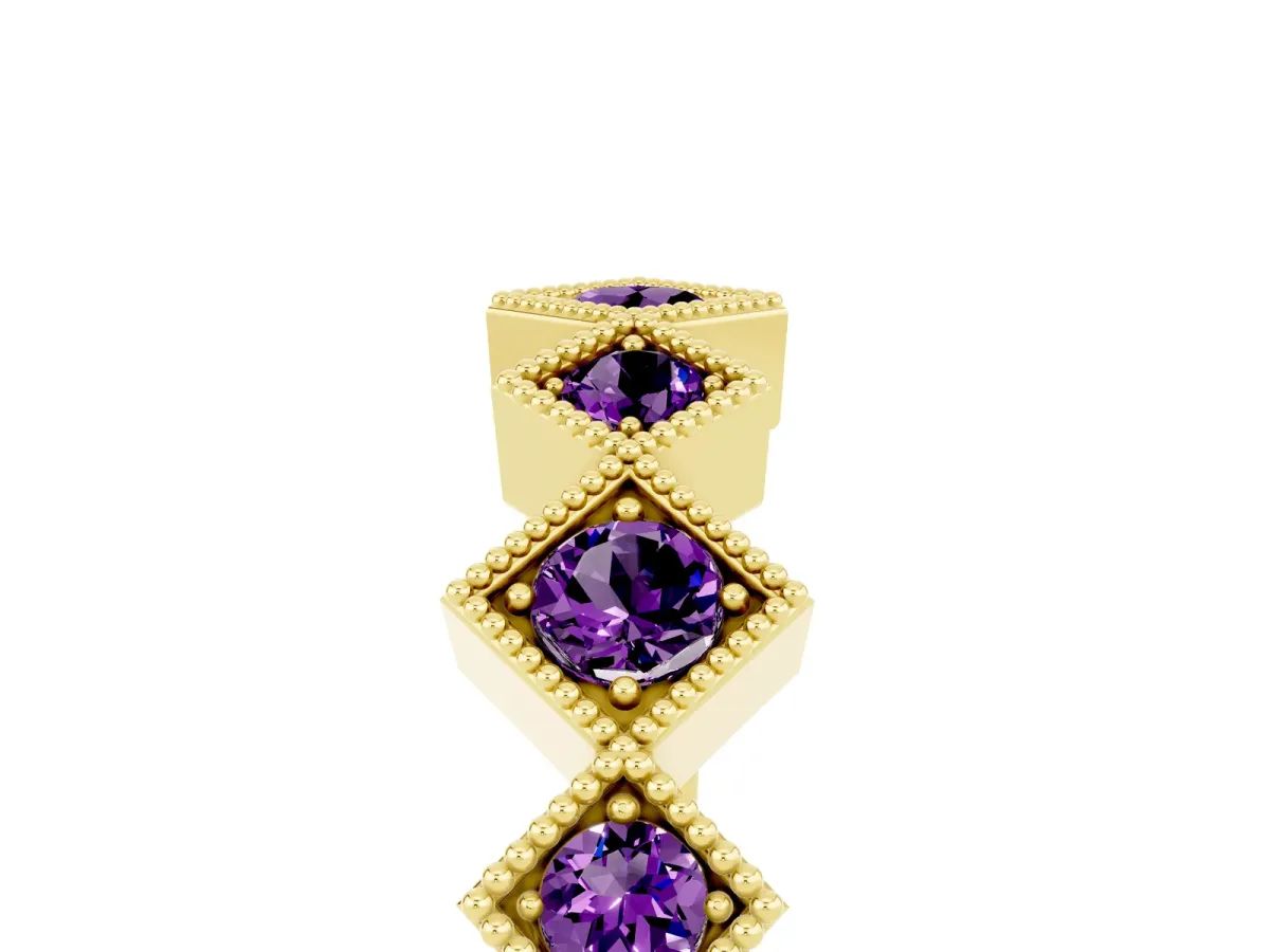 Milgrain Square Bezel Round Amethyst Chevron Band Yellow gold
