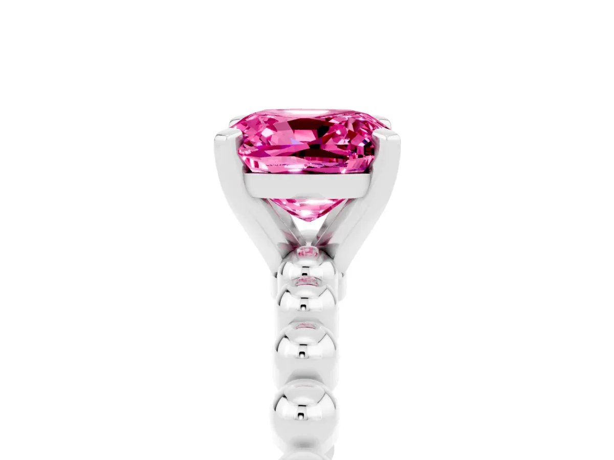 Cushion Cut Pink Sapphire Solitaire Ring with Beaded Band and Prong Setting Silver