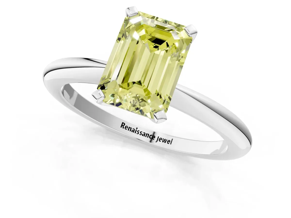 Fancy Yellow Emerald Cut Diamond Solitaire Ring with Six-Prong Setting and Classic Band Platinum