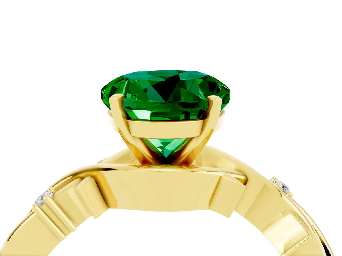 Round Cut Emerald Solitaire Ring with Twisted Band and Prong Setting Yellow gold