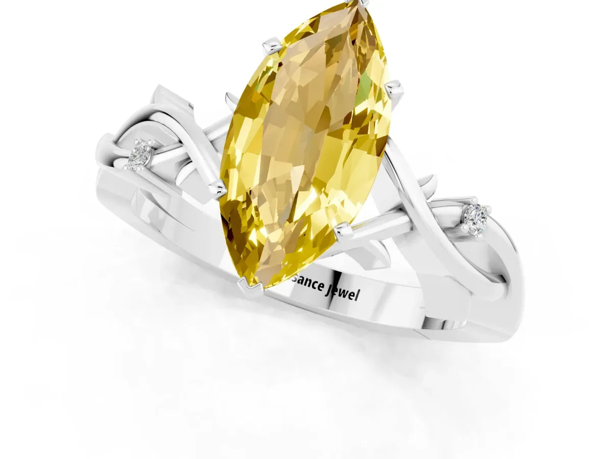 Marquise Cut Yellow Sapphire Solitaire Ring with Twisted Band and Prong Setting Silver