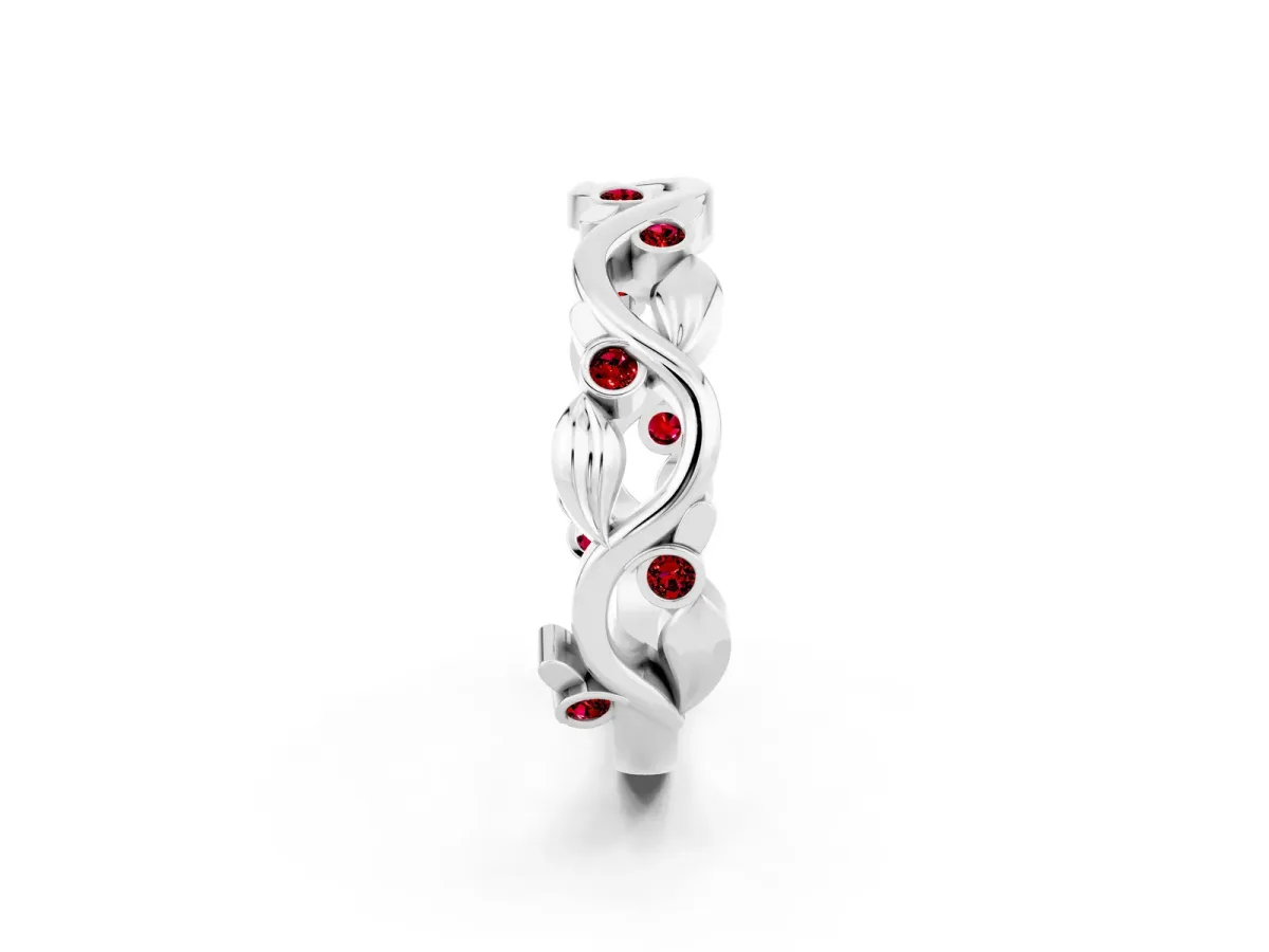 Round Ruby Leaf Eternity Band with Bezel Setting White gold