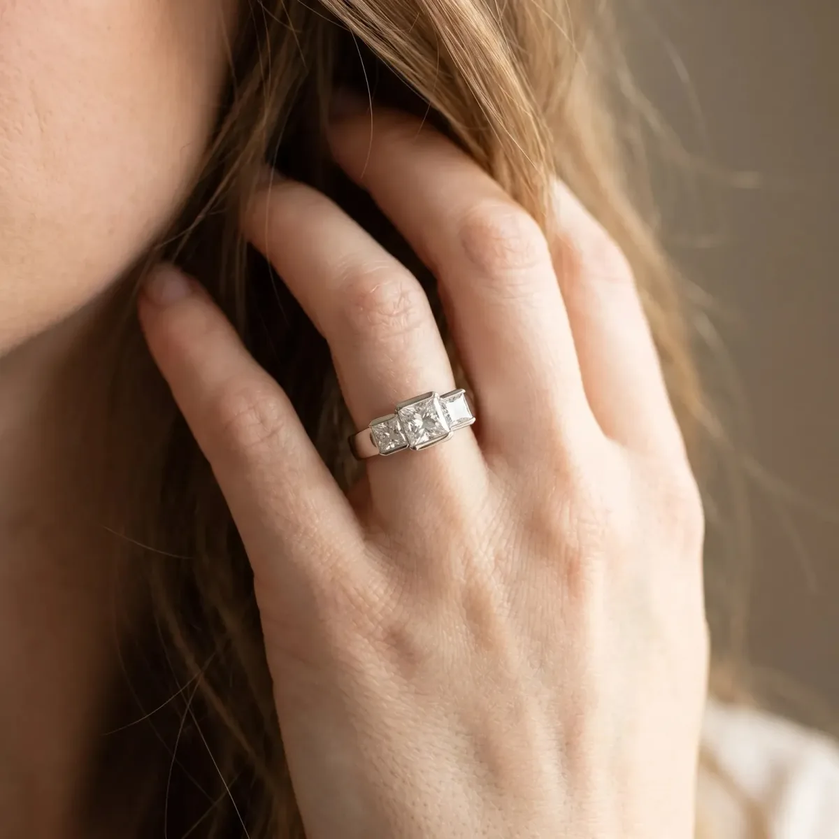 Three Stone Marquise Cut Cut Channel Set Diamond Ring Silver