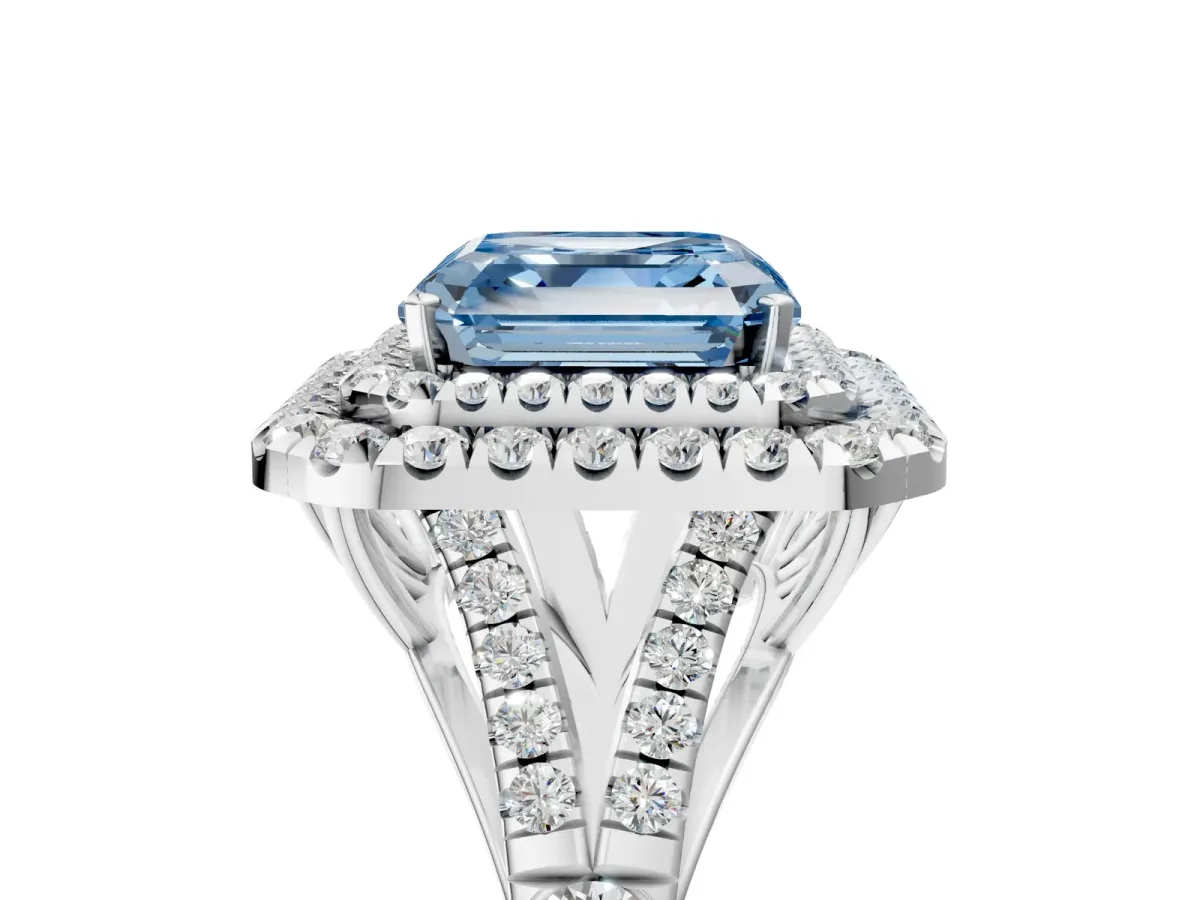 Fancy Blue Asscher Cut Cut Double Halo Split Shank Diamond Ring with Prong Setting Platinum