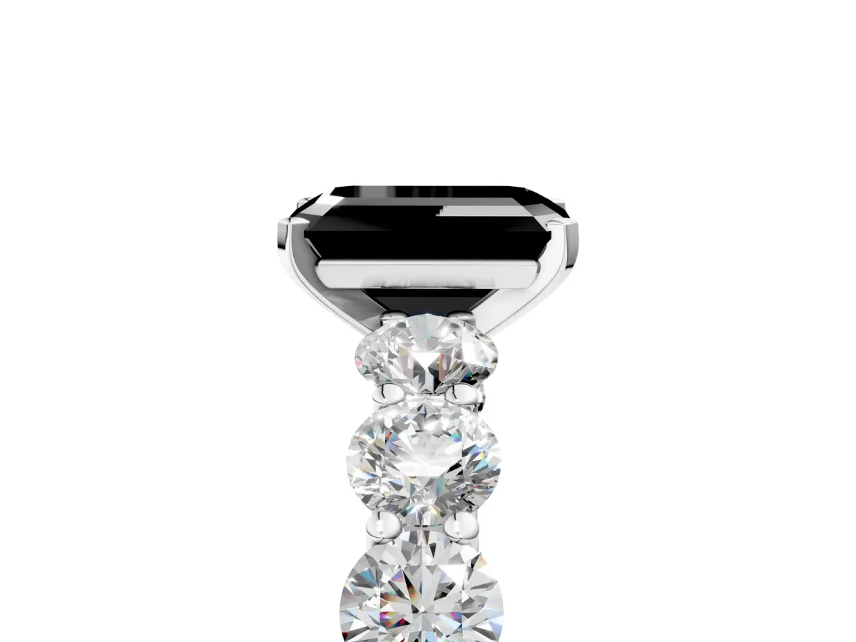 Fancy Black Emerald Cut Diamond Prong Setting with Side Stones on a Pave Band Platinum