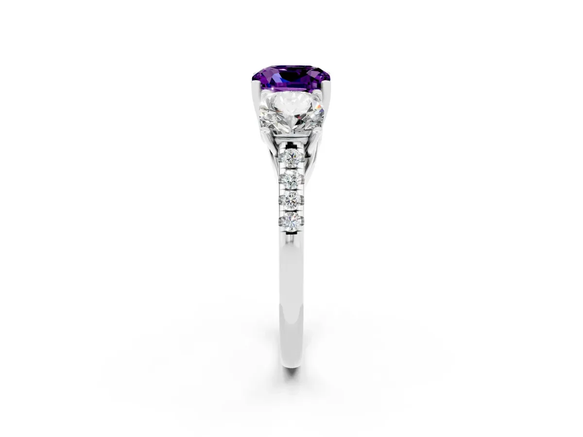 Three-Stone Cushion Cut Amethyst Ring with Round Pavé Band and Prong Setting Silver