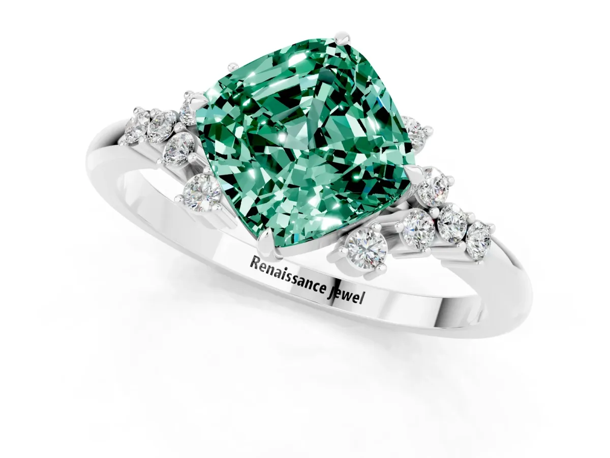 Cushion Cut Green Sapphire Ring with Side Stones and Four-Prong Setting Silver
