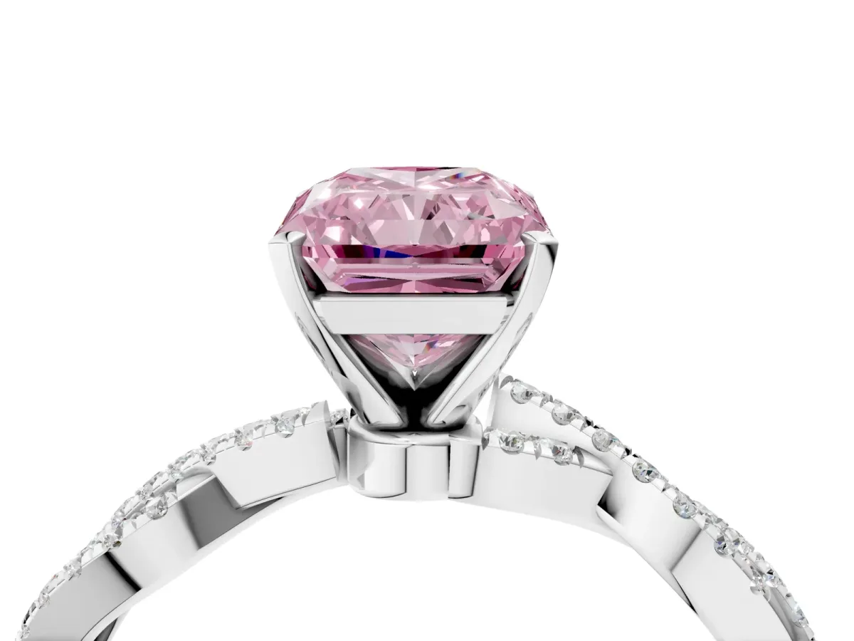 Fancy Pink Radiant Cut Solitaire Twisted Pave Band with Four-Prong Setting Platinum