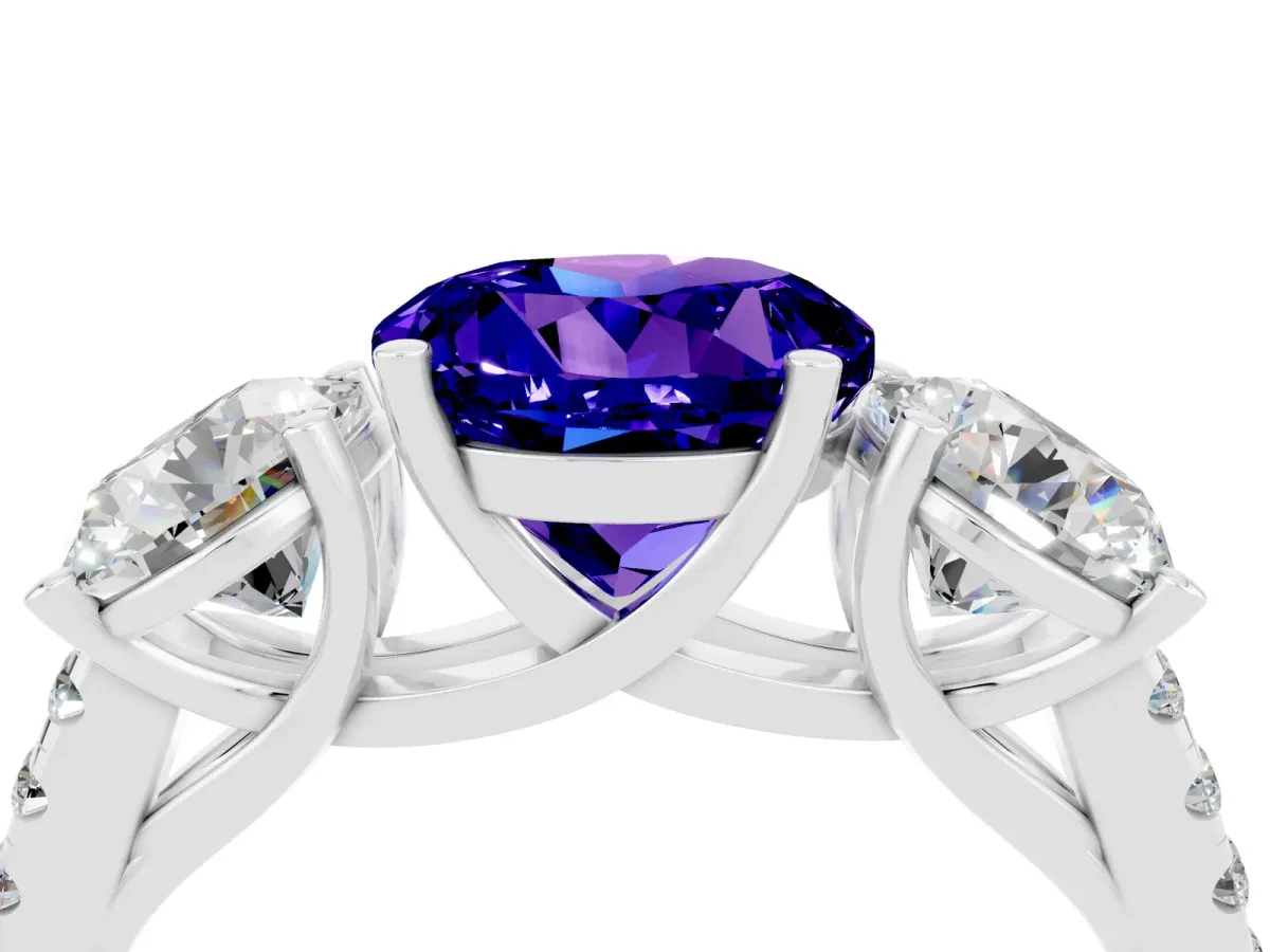 Three-Stone Round Cut Tanzanite Ring with Round Pavé Band and Prong Setting Silver