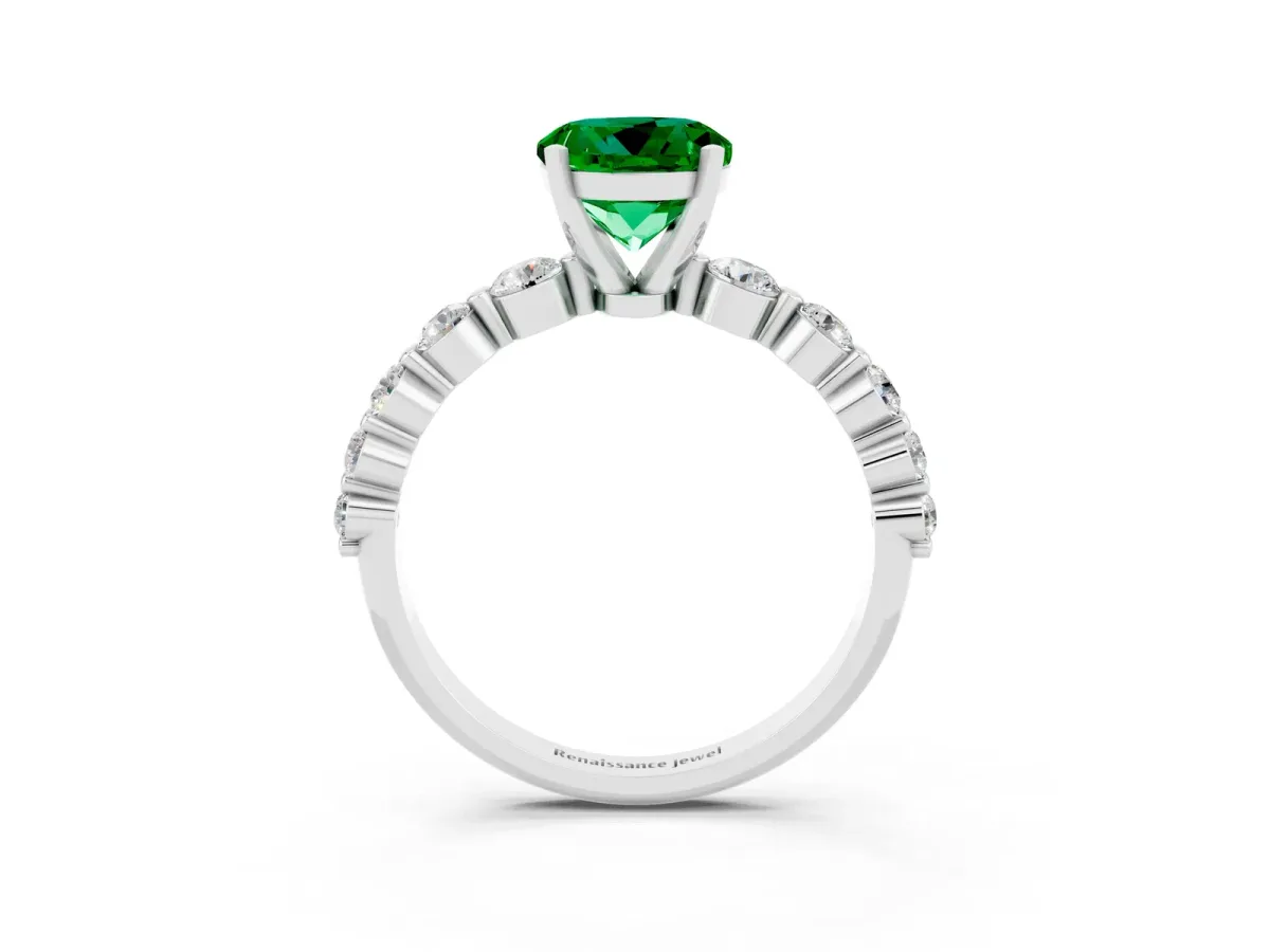 Round Cut Solitaire Emerald Ring with Pave Band and Four-Prong Setting Platinum