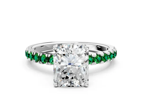 Radiant Cut Diamond Pave Band Solitaire Ring with Round Emerald and Prong Setting Platinum