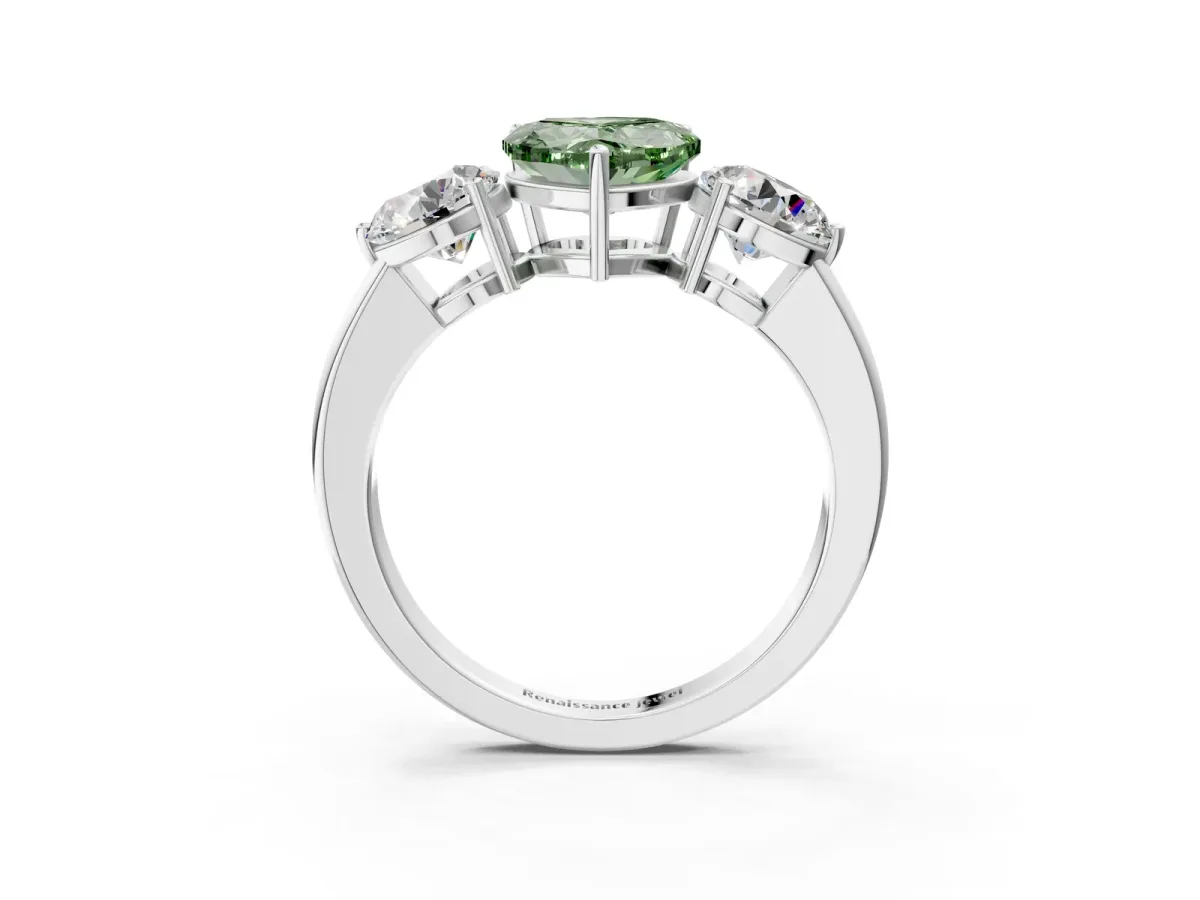 Fancy Green Heart Cut Diamond Three-Stone Ring with Prong Setting and Classic Band Platinum