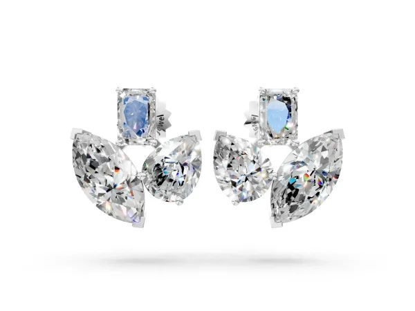 Emerald, Marquise and Pear Diamond Mosaic Three Stone Fan Earrings Silver