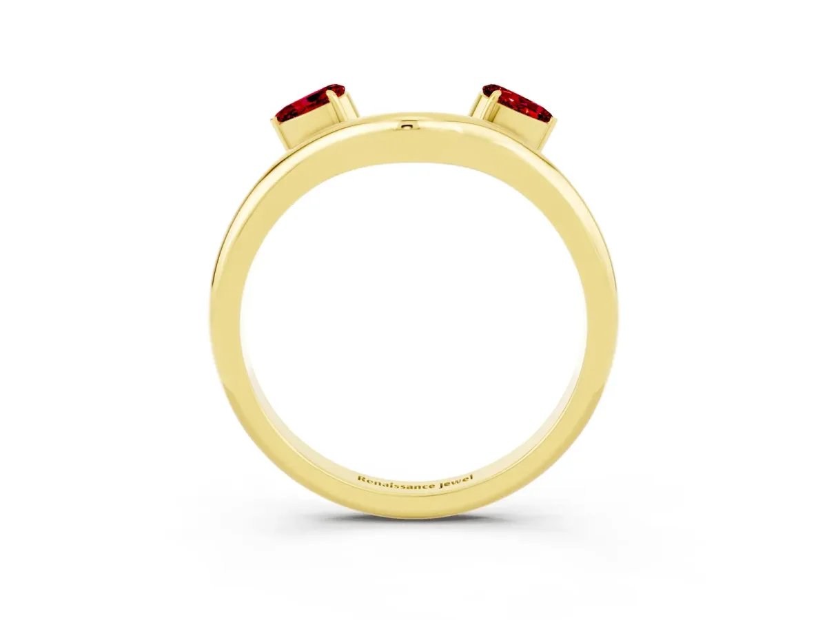 Pear Cut Ruby Two-Stone Open Band Ring with Prong Setting Yellow gold