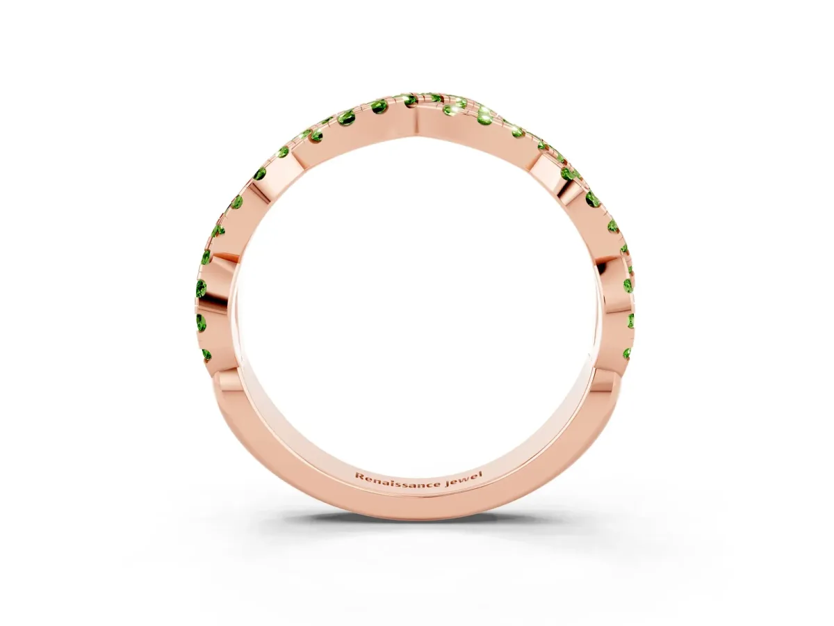 Round Peridot Twisted Eternity Band with Pavé and Shared Prong Setting Rose gold