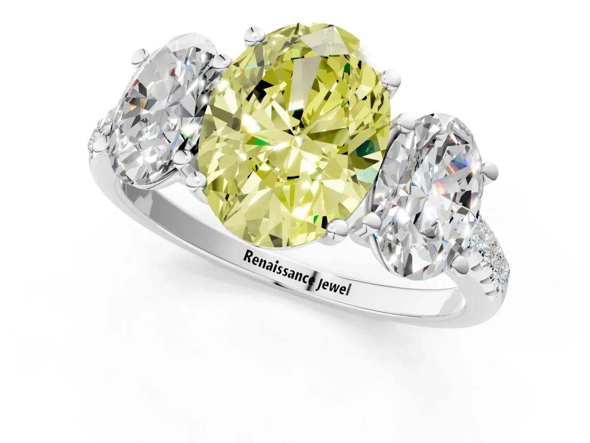 Fancy Yellow Three-Stone Oval Cut Diamond Ring with Round Pavé Band and Prong Setting Platinum