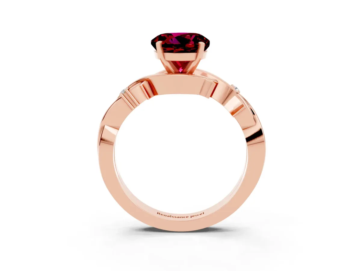Round Cut Garnet Solitaire Ring with Twisted Band and Prong Setting Rose gold