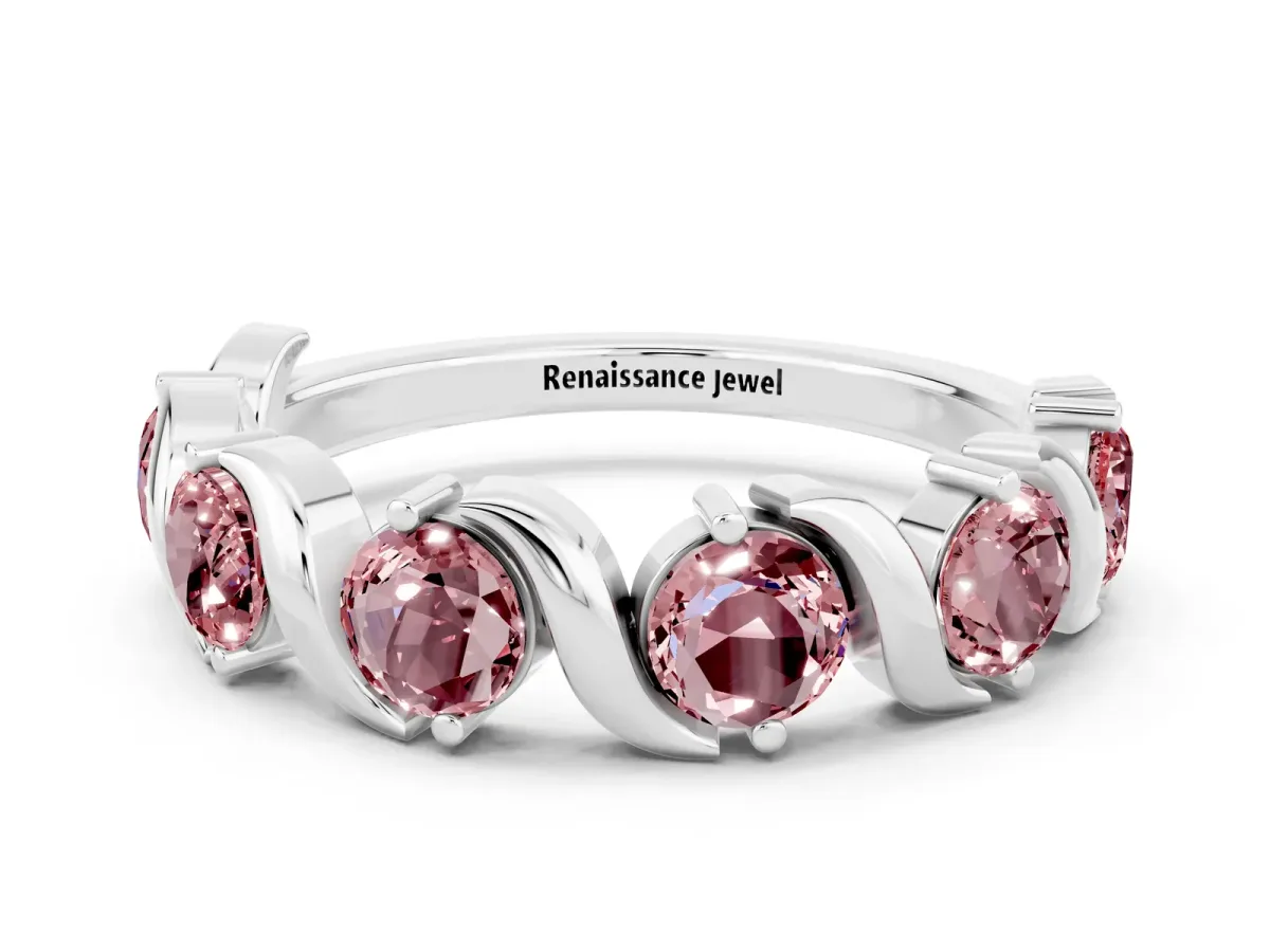 Round Morganite Half Eternity Band with Wave Prong Setting Silver