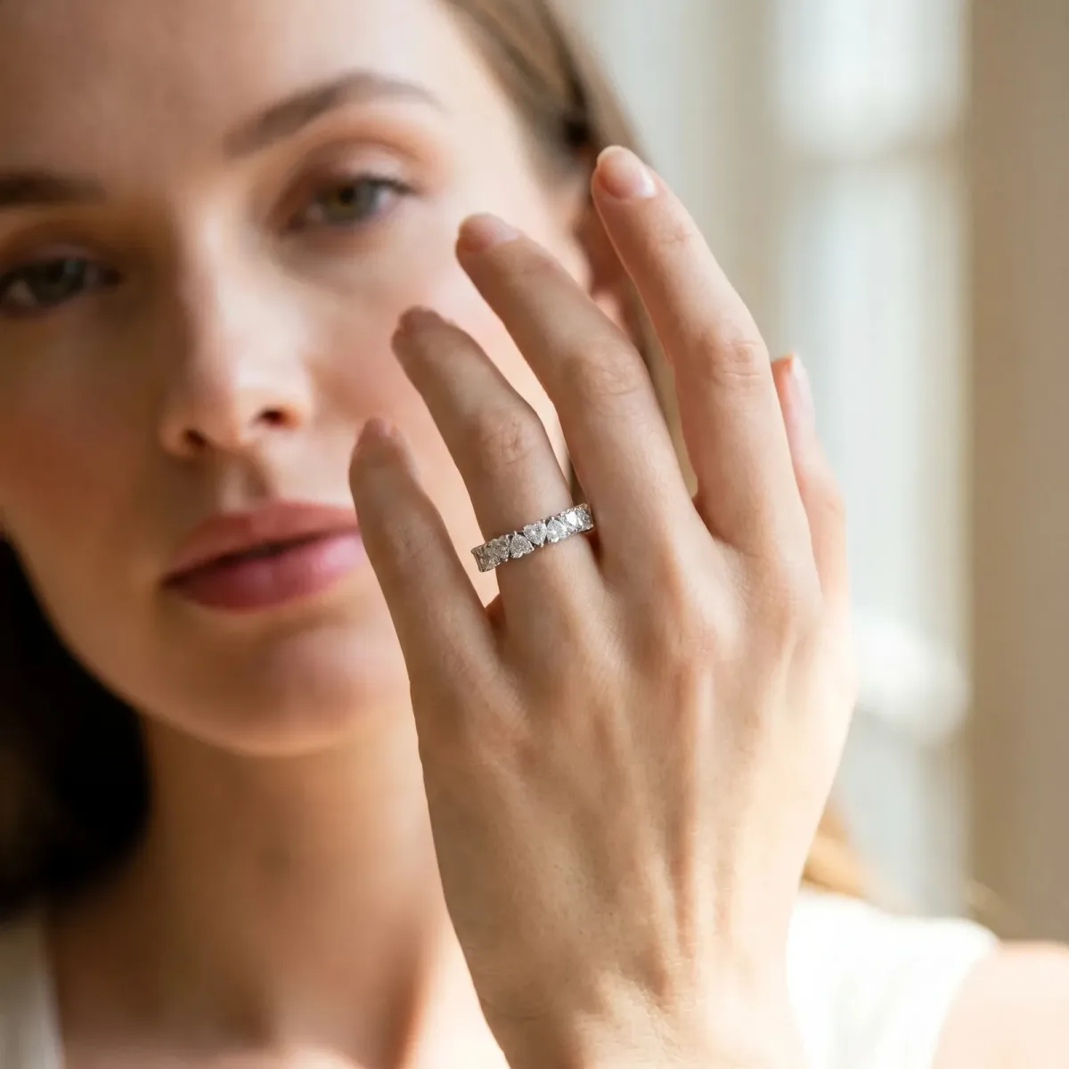Heart Cut Eternity Band with Shared Prong Setting Silver