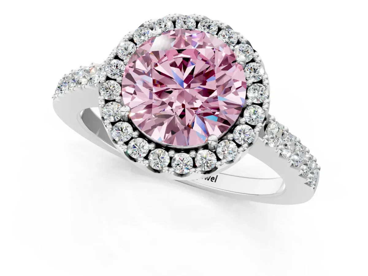 Fancy Pink Round Cut Halo Diamond Pavé Solitaire Ring Platinum