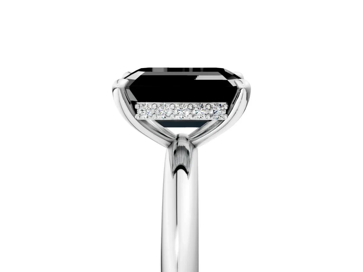 Fancy Black Emerald Cut Diamond Solitaire Ring with Thin Band and Four-Prong Setting Platinum