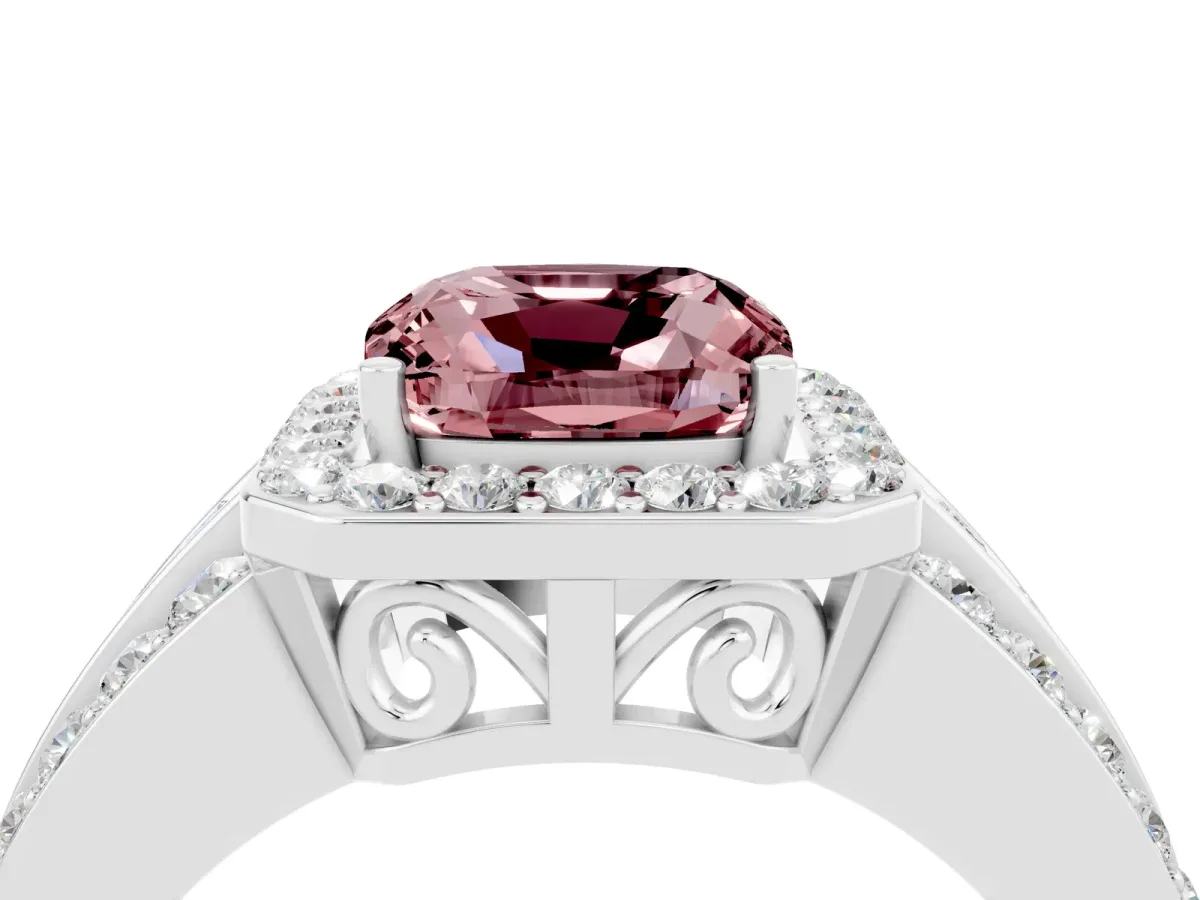 Cushion Cut Halo Morganite Ring with Round Split Shank and Prong Setting Silver