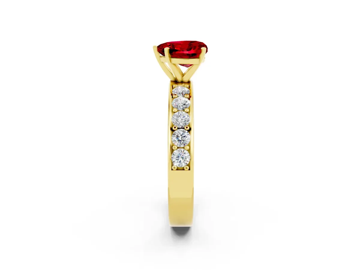 Heart Cut Ruby Engagement Ring with Channel Set Round Band and Prong Setting Yellow gold