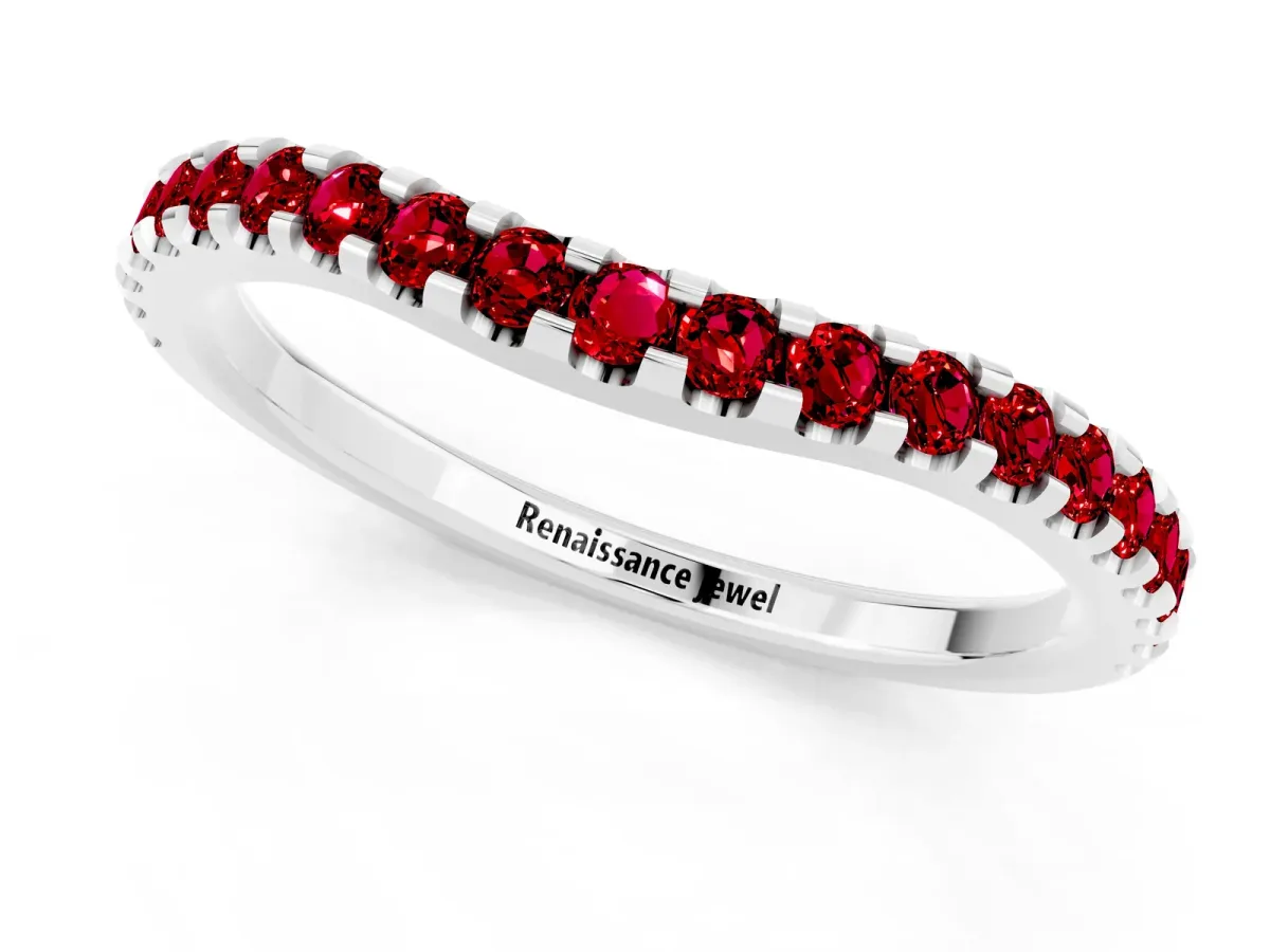 Round Ruby Pavé Curved Wedding Band White gold