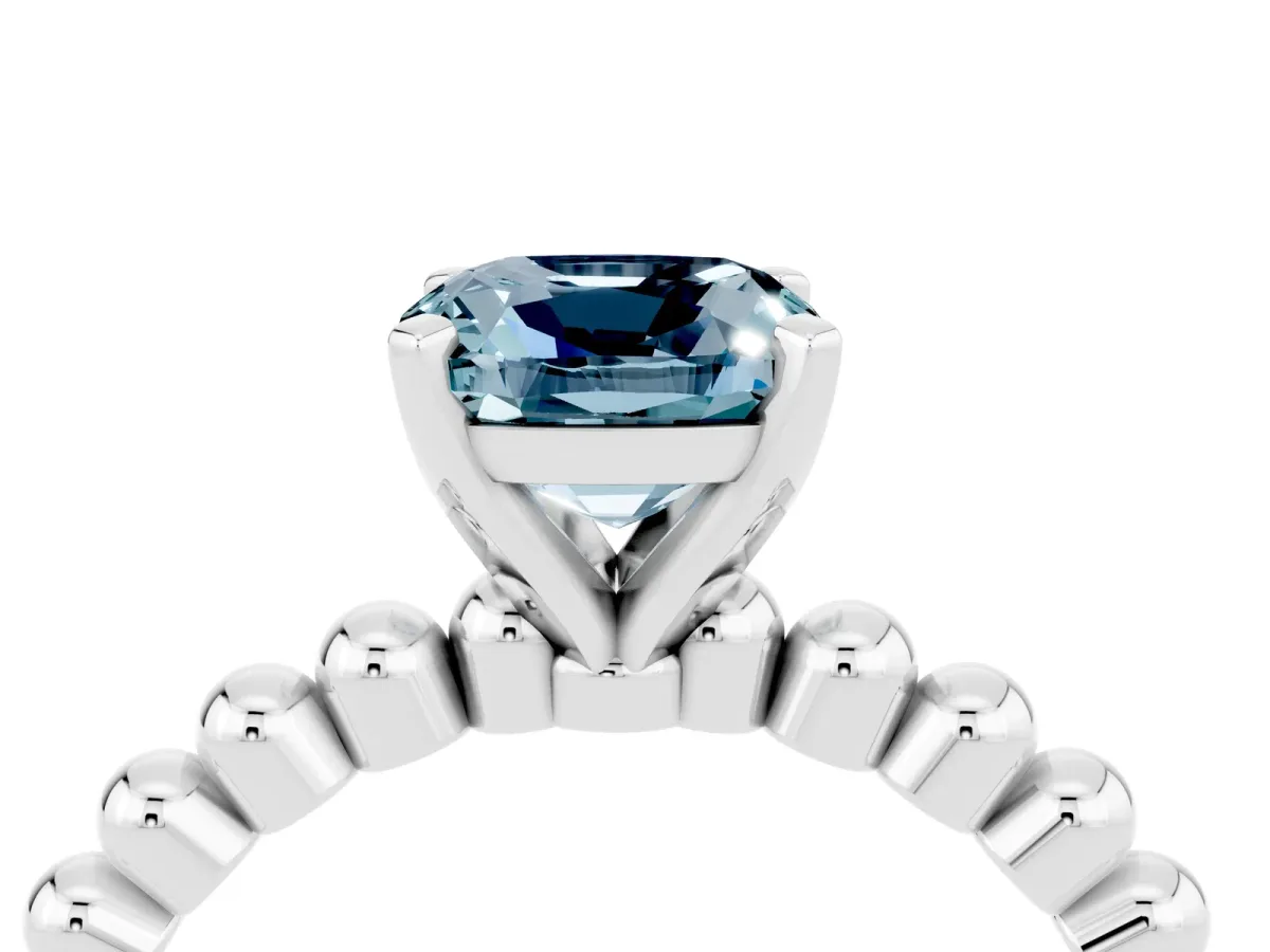 Cushion Cut Aquamarine Solitaire Ring with Beaded Band and Prong Setting Silver