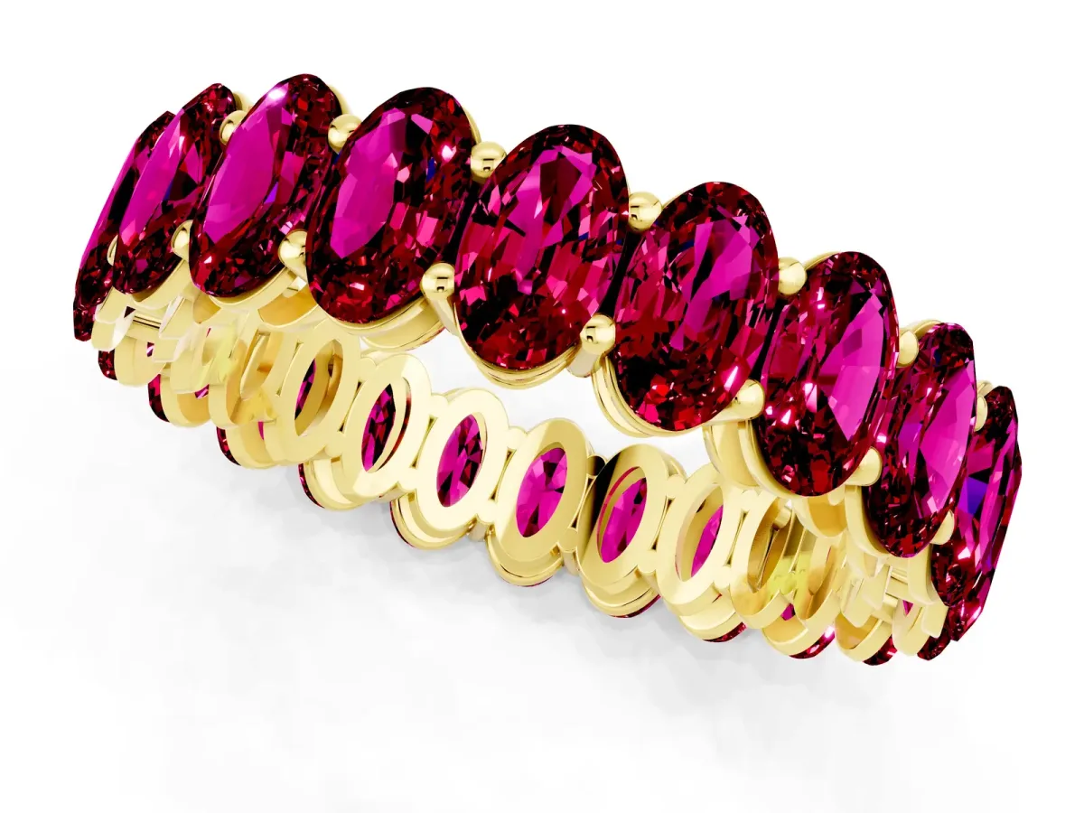 Oval Cut Garnet Eternity Band with Shared Prong Setting Yellow gold