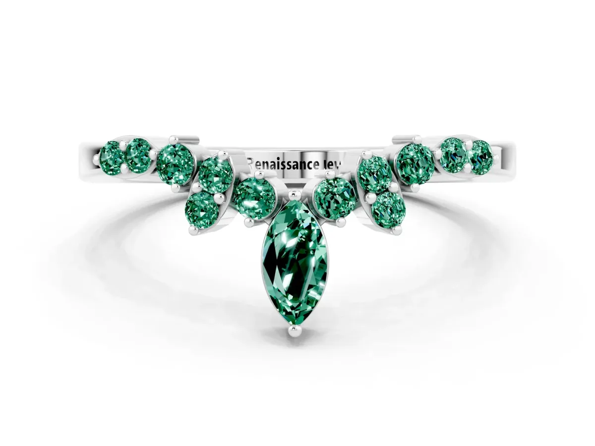 Marquise and Round Green Sapphire Chevron Band with Prong Setting Silver