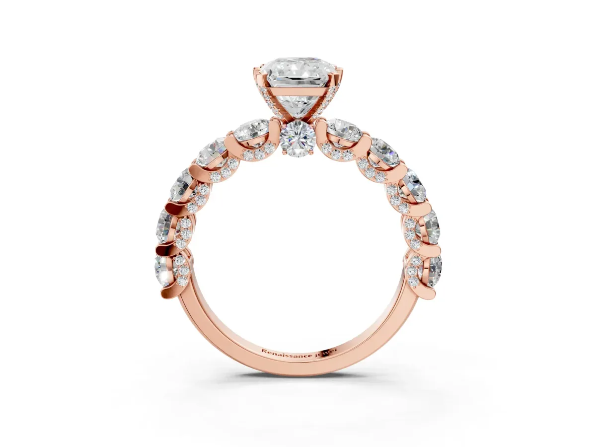 Radiant Cut Diamond Side Stone Engagement Ring with Four-Prong Setting Rose gold