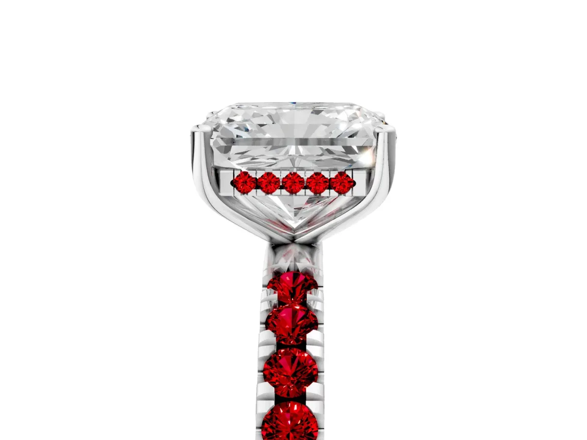 Radiant Cut Diamond Pave Band Solitaire Ring with Round Ruby and Prong Setting White gold