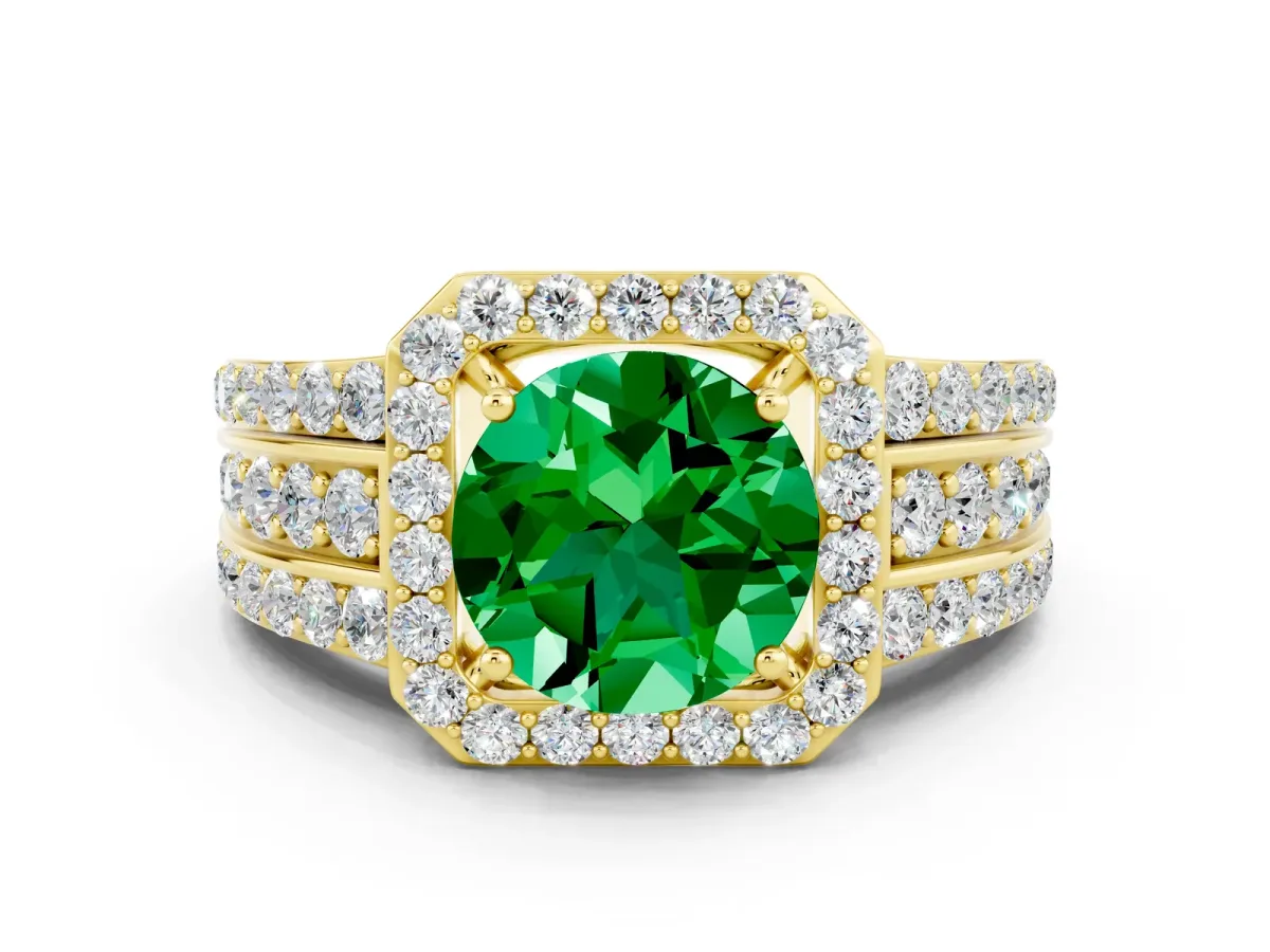 Round Cut Halo Emerald Ring with Round Split Shank and Prong Setting Yellow gold