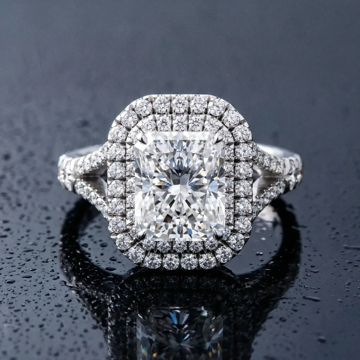 Radiant Cut Diamond Pavé Split Shank Double Halo Engagement Ring Platinum