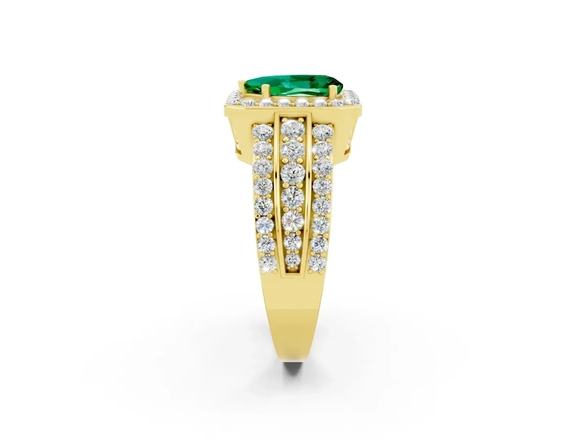 Pear Cut Halo Emerald Ring with Round Split Shank and Prong Setting Yellow gold
