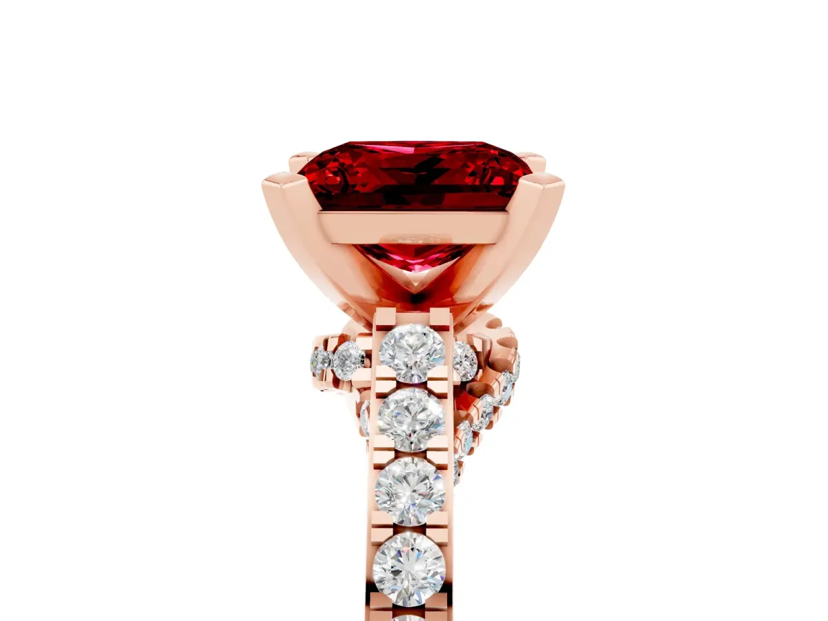 Princess Cut Ruby Solitaire Ring with Crossover Gallery and Round Pavé Band Rose gold
