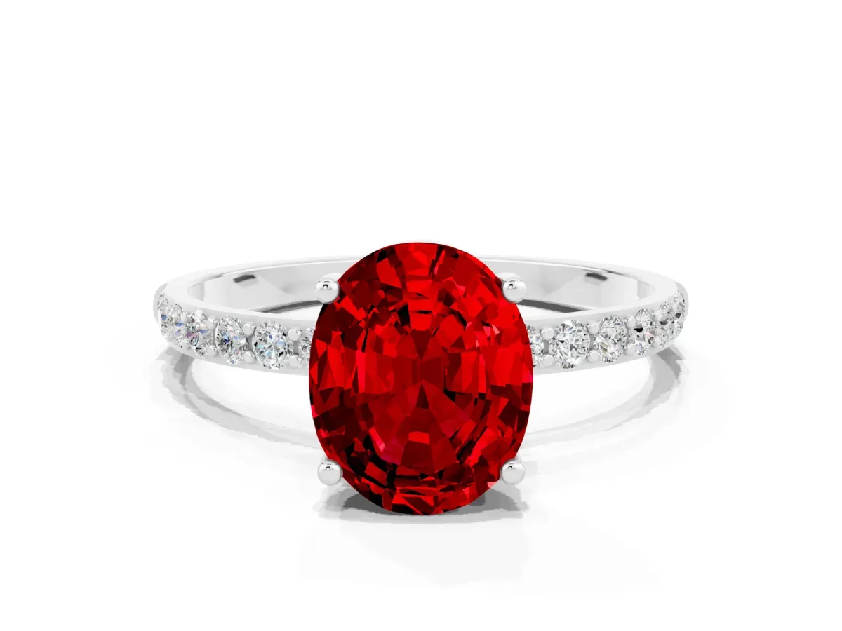 Oval Cut Ruby Solitaire Ring with Round Pavé Band and Prong Setting Silver