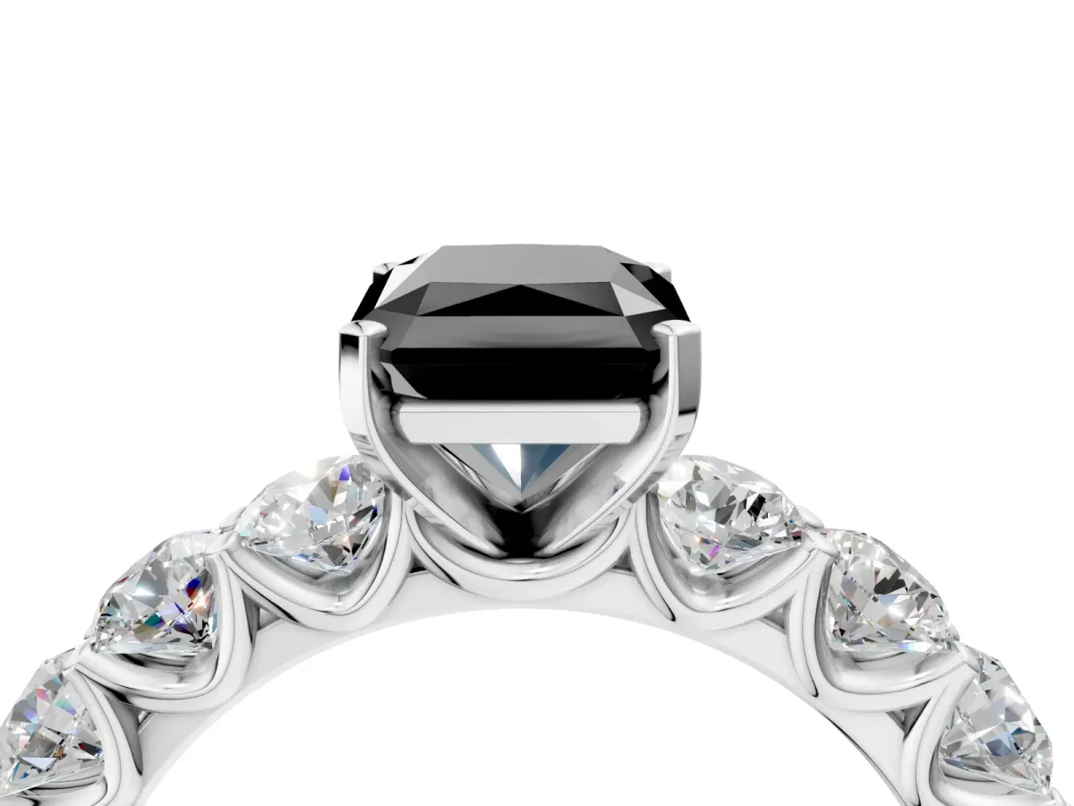 Fancy Black Radiant Cut Diamond Prong Setting with Side Stones on a Pave Band Silver