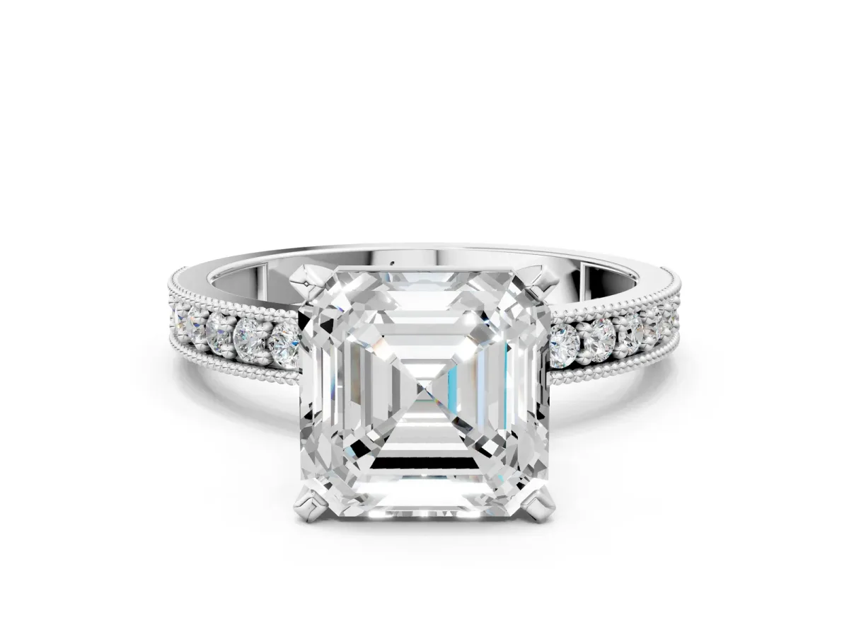 Asscher Cut Diamond Milgrain Pavé Engagement Ring with Four-Prong Setting Platinum