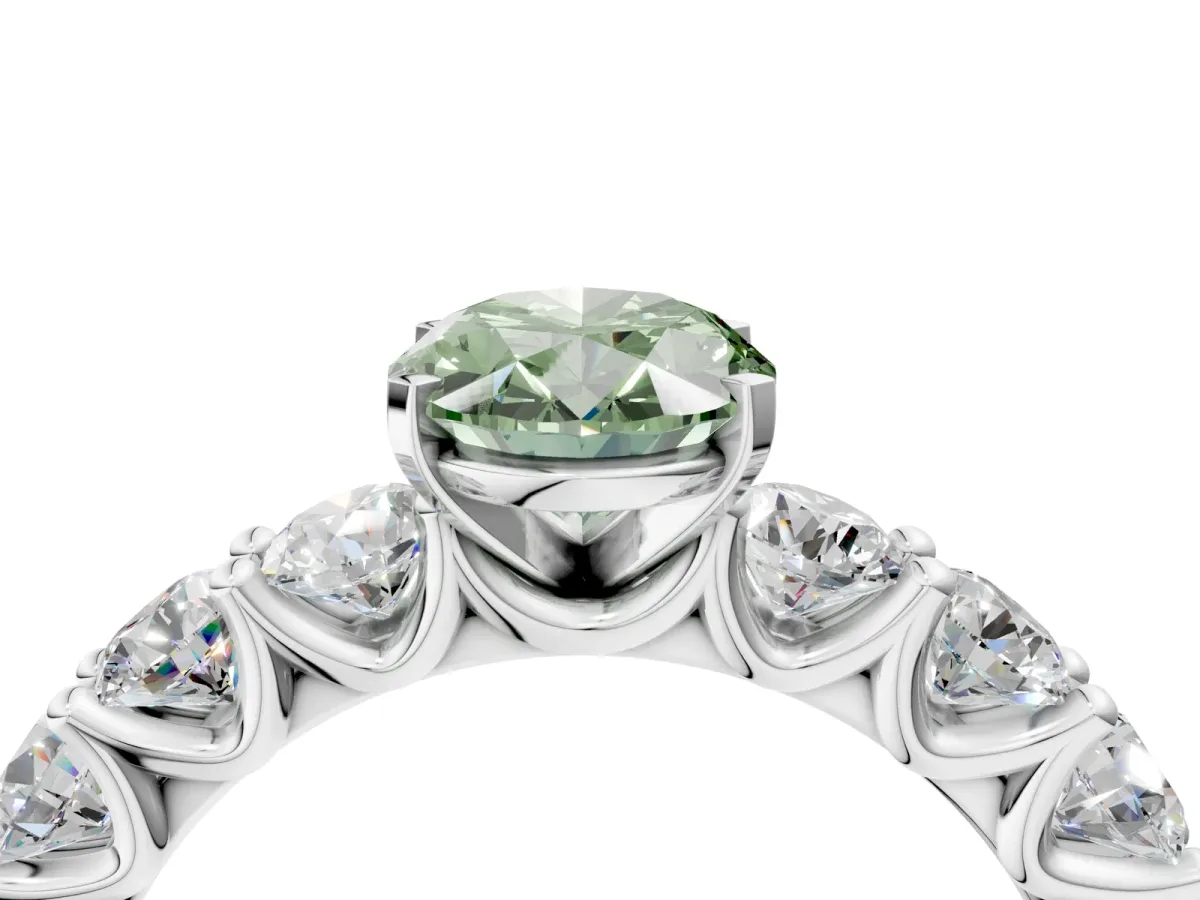 Fancy Green Oval Cut Diamond Prong Setting with Side Stones on a Pave Band Silver