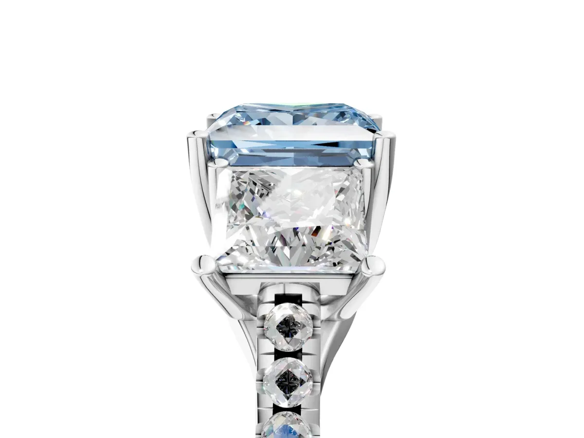 Fancy Blue Three-Stone Princess Cut Diamond Ring with Round Pavé Band and Prong Setting Silver