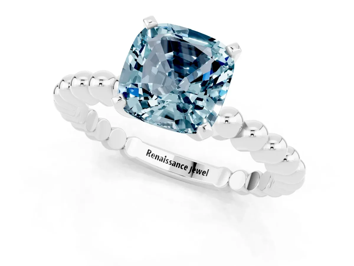 Cushion Cut Aquamarine Solitaire Ring with Beaded Band and Prong Setting Silver