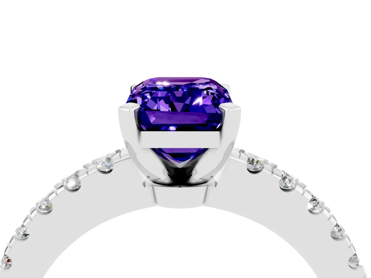 Emerald Cut Solitaire Tanzanite with Pavé Band and Four-Prong Setting Silver