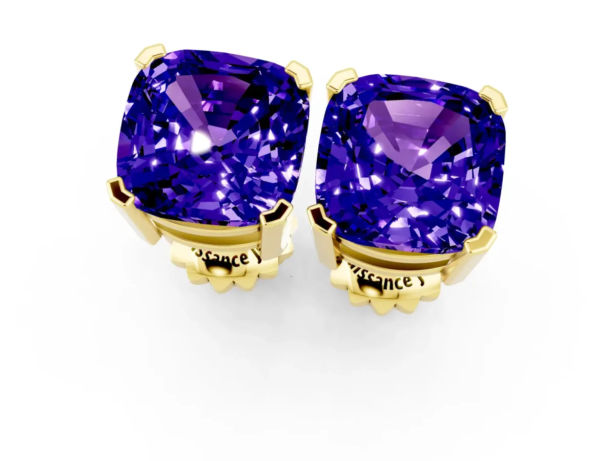 Cushion Cut Tanzanite Stud Earrings Yellow gold