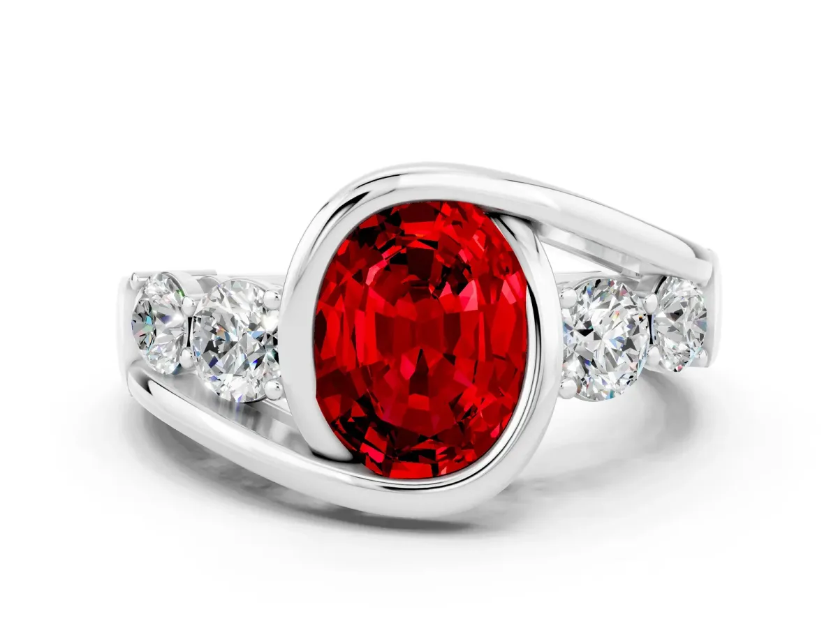 Bezel Set Oval Cut Ruby Bypass Ring with Round Accents Silver