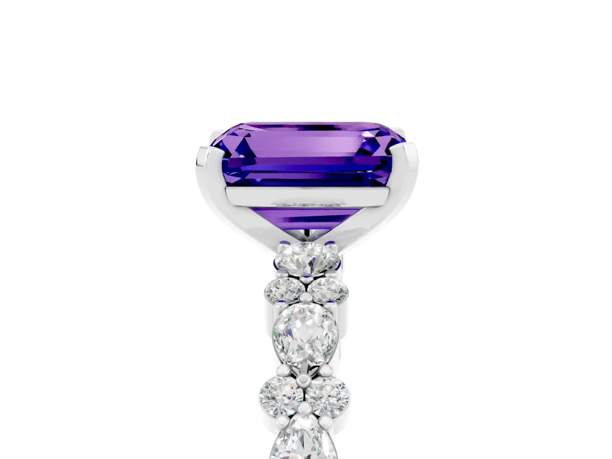 Emerald Cut Tanzanite Side Stone Solitaire Ring with Round and Four-Prong Setting White gold